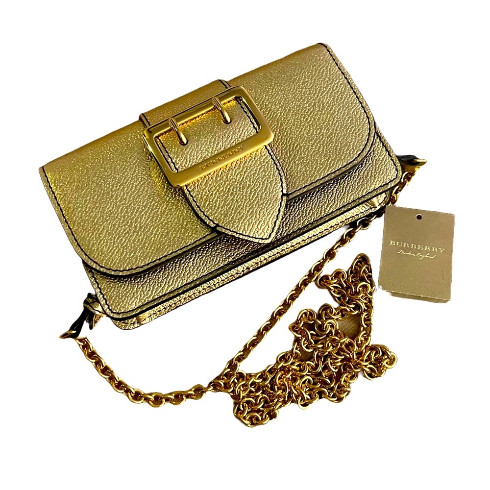 BURBERRY- Metallic Soft Grain Calfskin Mini Phone Buckle Bag Gold - Pre- Owned